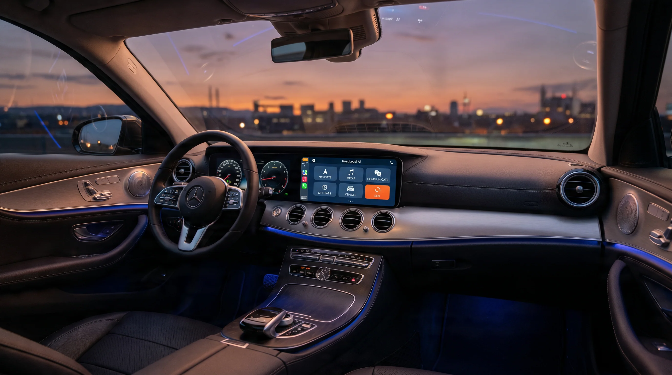 RoadLegal AI in Apple CarPlay on a premium European luxury car