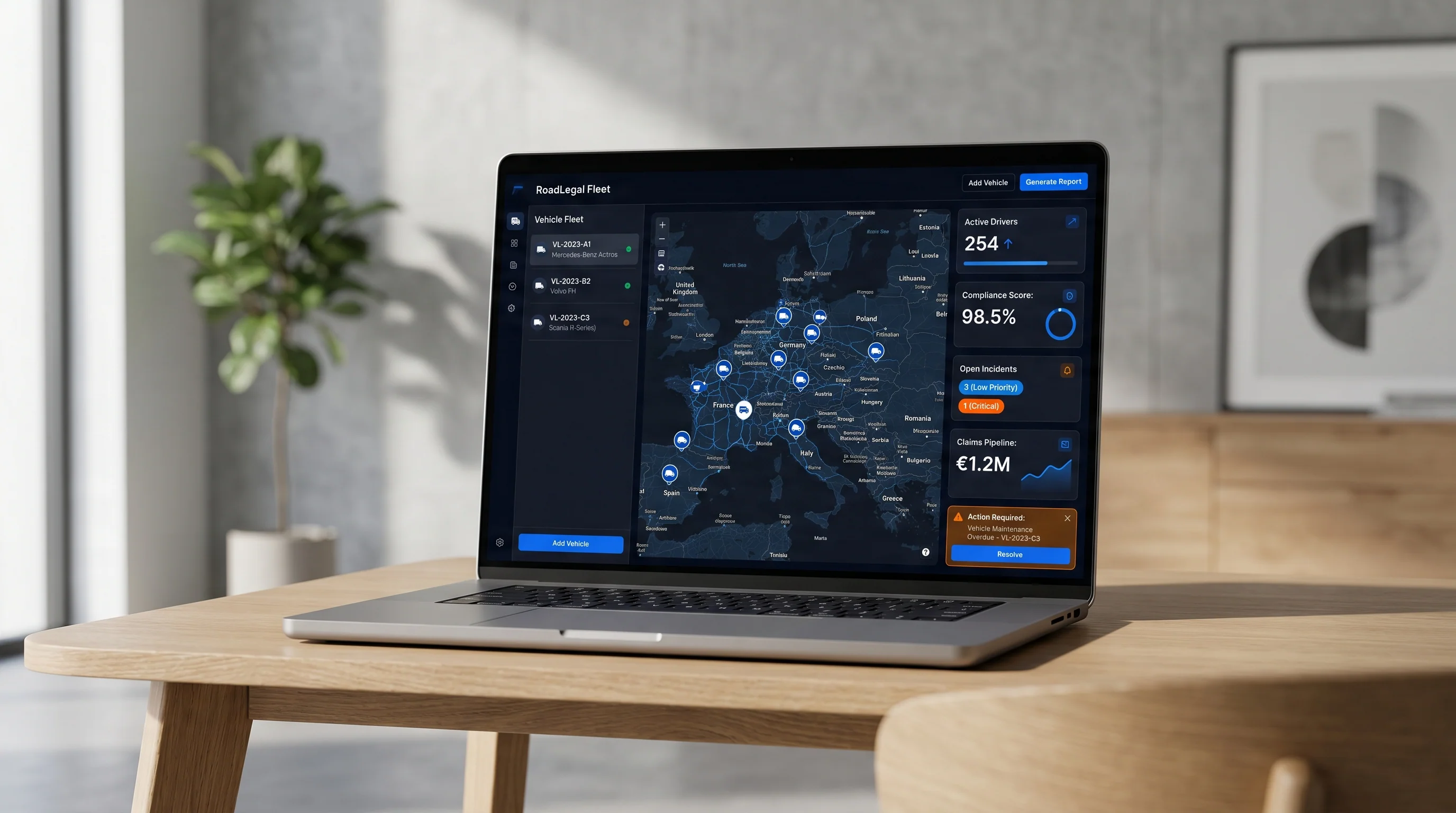 RoadLegal Fleet dashboard on a 16-inch MacBook Pro in a modern transport-company office