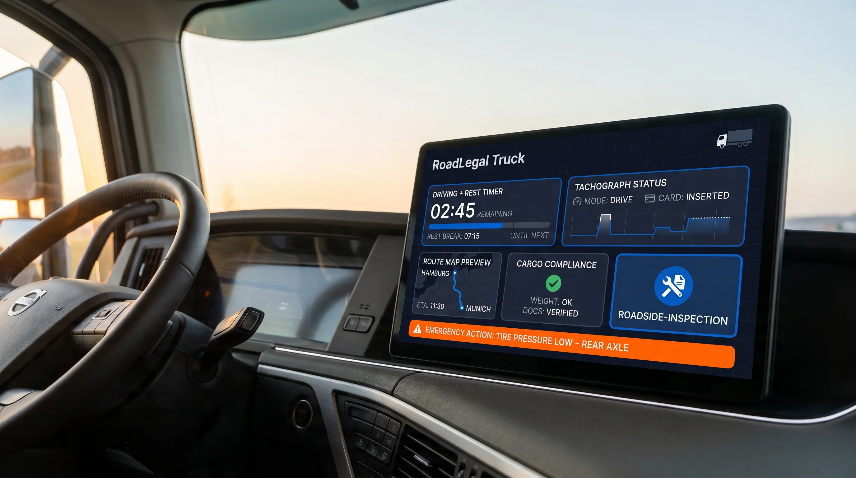 RoadLegal Truck dashboard on the center touchscreen of a premium European long-haul truck cabin at dawn